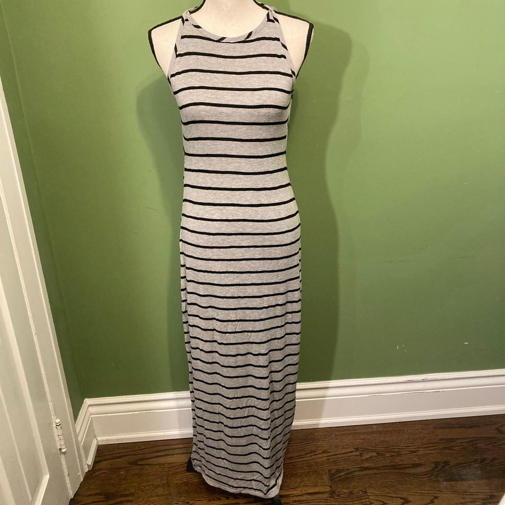 Women's Rebel Sugar Grey Black Striped Halter Backless Maxi Dress M